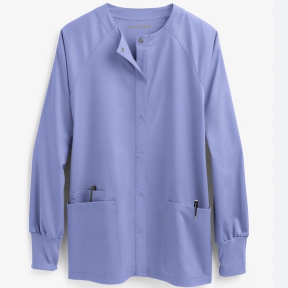 UA FLEX2 WOMEN'S 3-POCKET LONG SLEEVE STRETCH SCRUB JACKET Ceil Blue Size Small - Picture 1 of 7